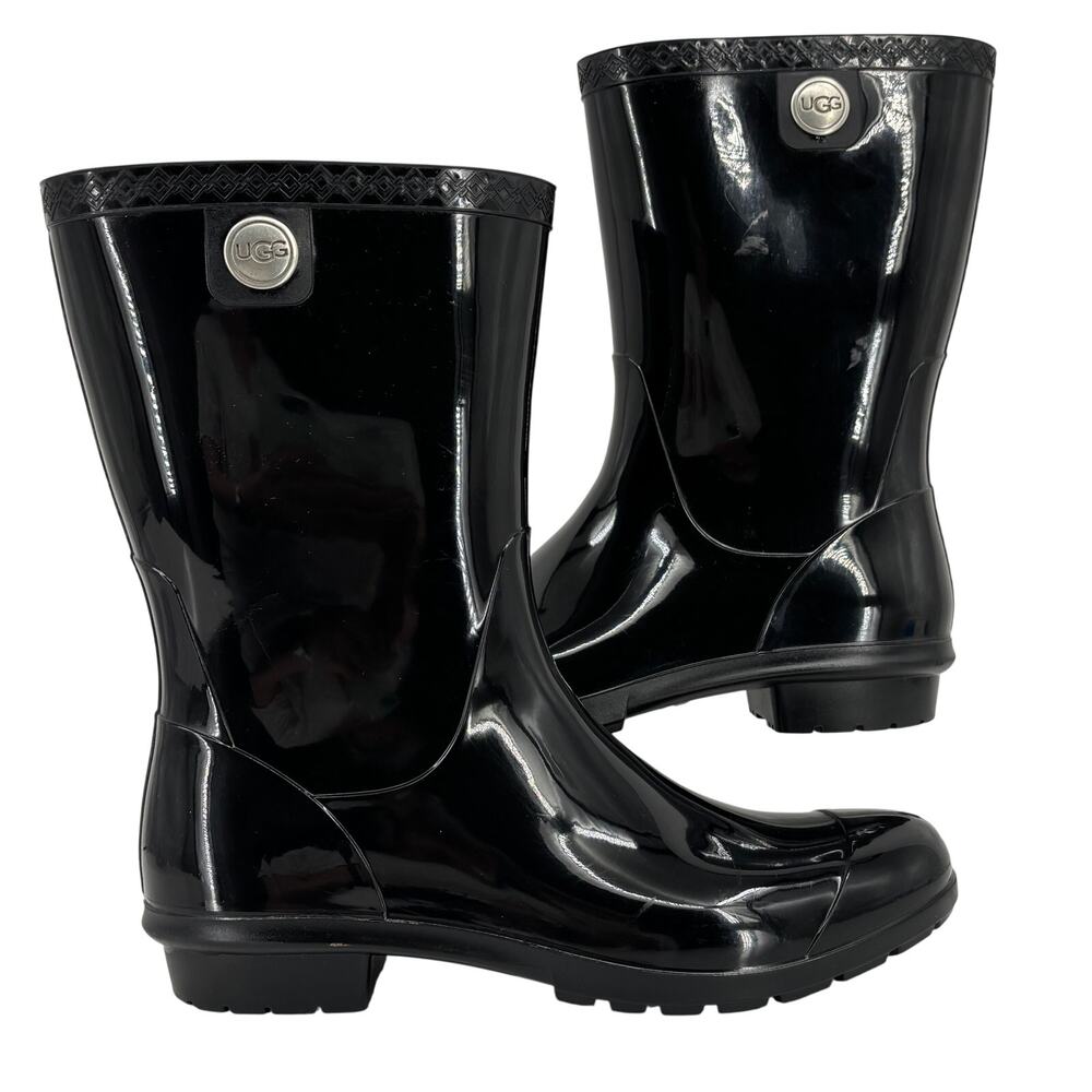 UGG Sienna Rain Boots‎ Size 9 Black Glossy Rubber Waterproof Sheepskin Insole
